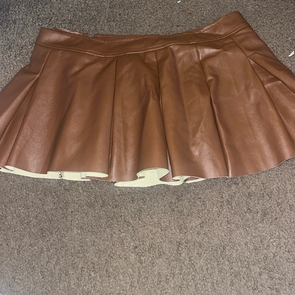 brown leather pleated mini skirt